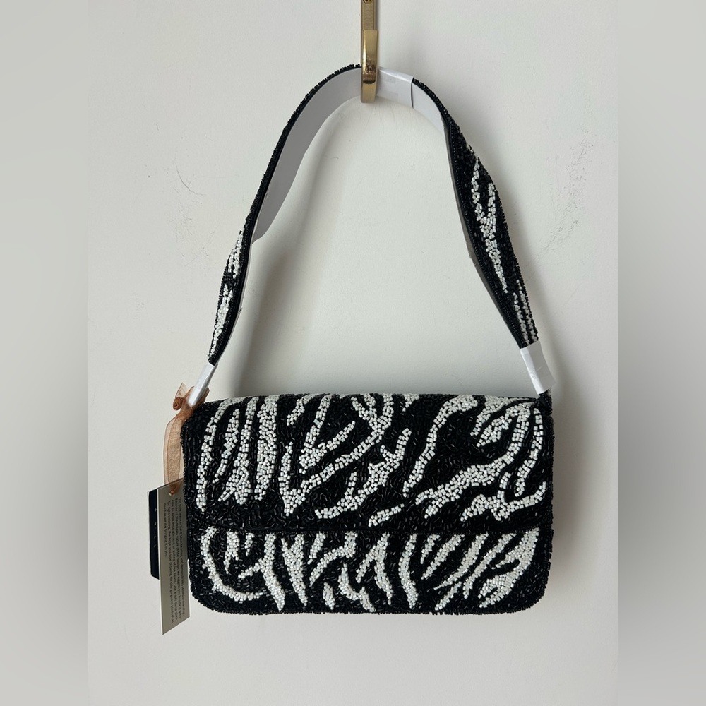 Beaded Zebra stripe black white Shoulder Bag